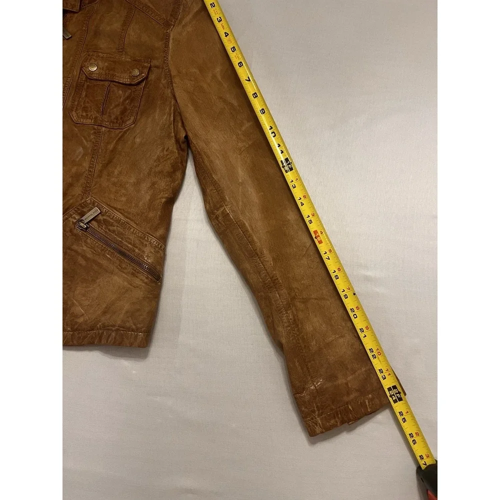 MICHAEL KORS Leather Moto Jacket Cafe Racer Zipped Sleeve Pocket Cognac Brown Lg